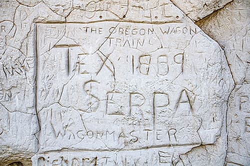 USA, Wyoming, Guernsey, Oregon Trail Register Cliff Inscription Nature Print